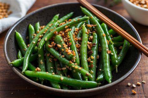 Image d’un bol de haricots verts sautés à la sauce sésame