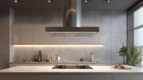 Une cuisine propre avec une hotte brillante