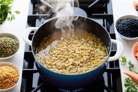 Schéma des étapes de cuisson des lentilles et du rougail