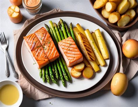 assiette de saumon avec purée de pommes de terre et asperges