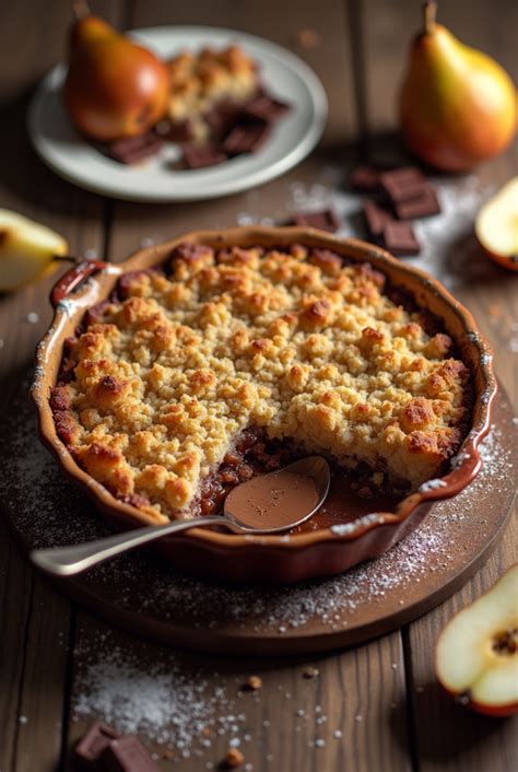 Plat de crumble poire chocolat doré et croustillant