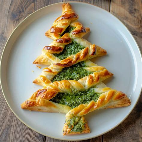 Sapin feuilleté garni de pesto, prêt à être découpé