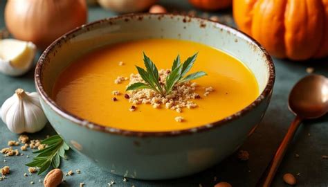 Bol de velouté de potimarron onctueux garni de quelques noisettes et d'une touche de crème