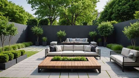 Vue aérienne d'un jardin moderne avec des zones de galets noirs et des plantations