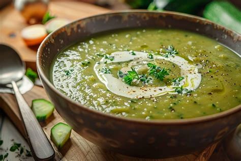 Bol de velouté de courgettes garni de lamelles de courgettes et de graines