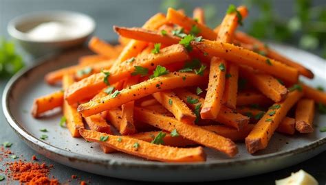 Plat de frites de patate douce dorées et croustillantes servies avec une sauce