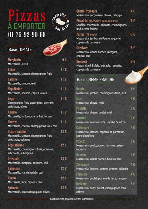 Carte des pizzas et options spéciales