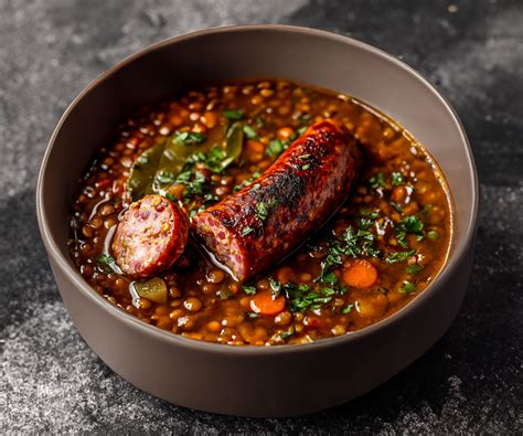 Assiette de potée de lentilles avec saucisse de Morteau