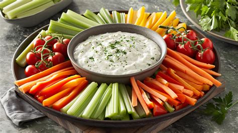 Des légumes crus trempés dans un bol de pesto de persil