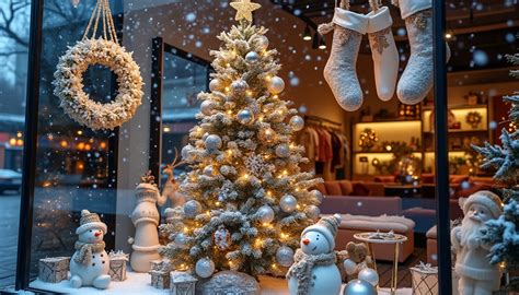 Vitrine de Noël décorée avec guirlandes et lumières