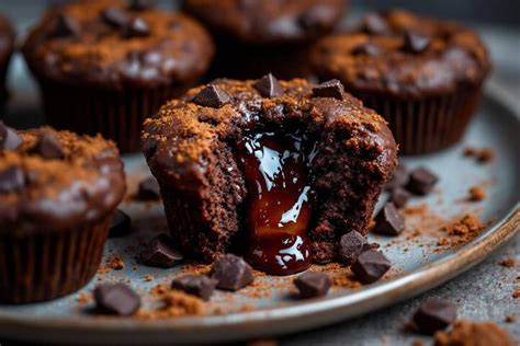 Muffin au chocolat ouvert révélant un cœur coulant