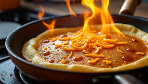 poêle avec flammes de flambage et crêpes Suzette