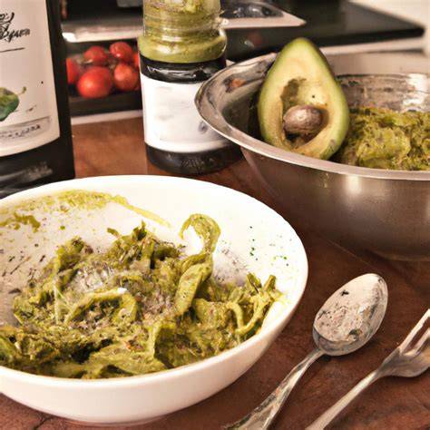 Schéma illustrant la préparation du pesto d’avocat et son incorporation dans les pâtes