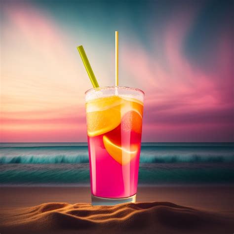 Une personne tenant une boisson rose vif dans un gobelet transparent avec des fruits tropicaux en arrière-plan