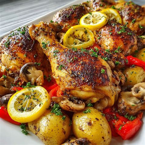Illustration: poulet doré au four avec rondelles de citron et herbes