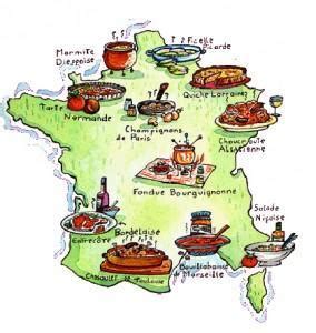 carte de France avec des illustrations de plats régionaux