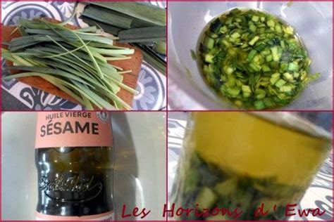 Schéma: préparation et repos d’un condiment vert de poireau à l’huile de sésame