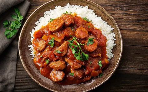 Plat de rougail saucisse servi avec du riz