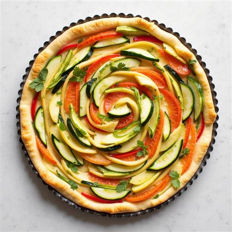 Une tarte spirale de légumes présentée de manière artistique