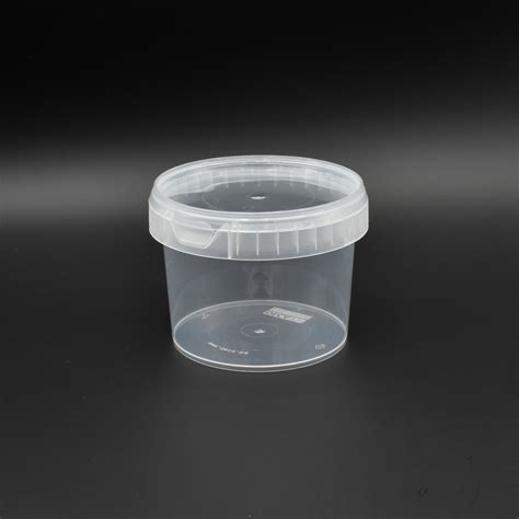 Schéma détaillé d'un pot en plastique alimentaire avec ses composants de sécurité (couvercle étanche, témoin d'effraction)