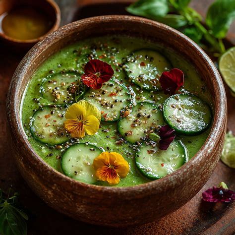 Gaspacho vert illustration: bol vert frais avec feuilles de menthe
