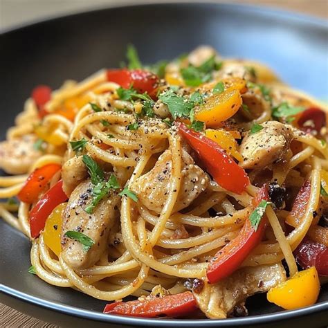 Plat de spaghetti coloré avec du poulet et des petits pois