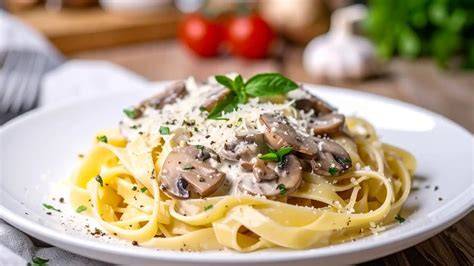 Image d’un plat de tagliatelles aux palourdes à la crème, présenté dans une grande assiette blanche avec une brise d’herbes fraîches