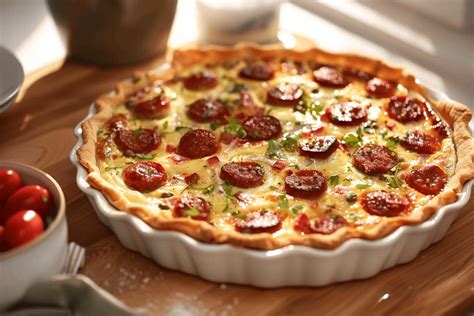 Une quiche au chorizo et courgettes coupée en part, sur une planche en bois