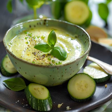 Un bol de velouté de courgettes crémeux garni de quelques herbes fraîches