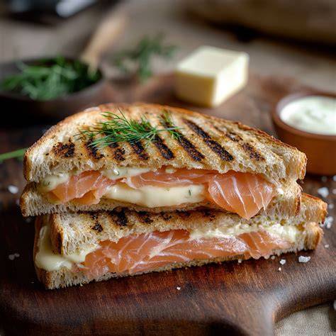 Illustration d’un croque-monsieur saumon et Boursin montrant les couches de pain, Boursin, saumon fumé et fromage râpé