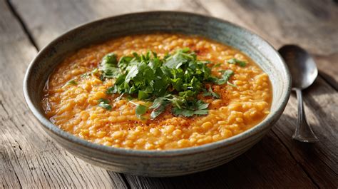 Bol de dahl de lentilles corail et épinards servi avec du riz