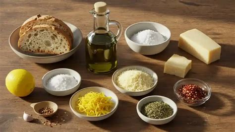 Assortiment d'ingrédients pour chapelure maison (pain, herbes, épices)