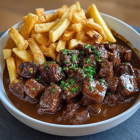 Assiette de carbonnade flamande avec des frites