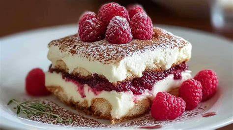 Schéma des couches d'un tiramisu aux framboises: biscuits imbibés -> crème mascarpone -> framboises -> crème mascarpone -> biscuits imbibés -> crème mascarpone -> cacao