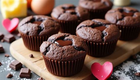 Moule à muffins rempli de préparation pour fondants au chocolat avec un carré de chocolat au centre