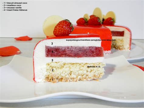 Schéma illustrant les couches de l’entremets: biscuit amande - croustillant coco - mousse noix de coco - insert fruits de la passion - miroir fruits de la passion