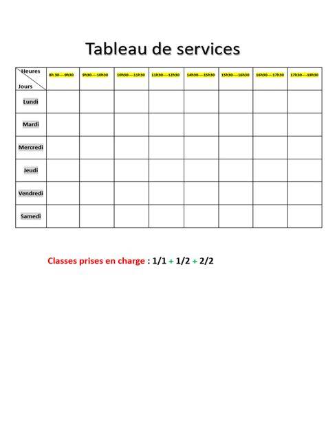 Tableau des services et horaires