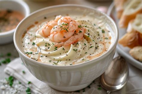 Bol de velouté de crustacés garni de crevettes et de persil
