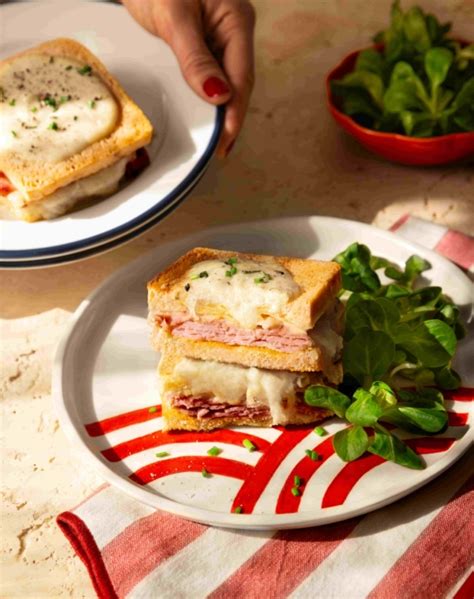 Illustration des composants du croque-monsieur: pain de mie doré, jambon, fromage fondant et béchamel