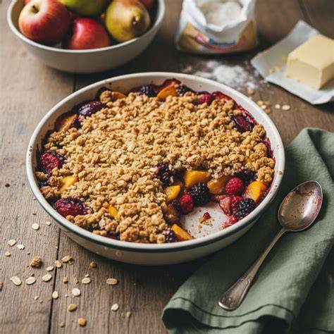 Infographie: Éléments d'un crumble parfait: fruits, pâte sablée, cuisson, textures