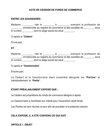 Acte de cession de fonds de commerce