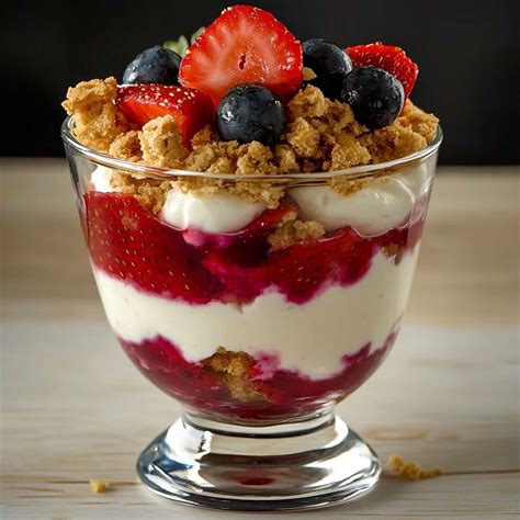 verrines joliment dressées avec des couches de fruits, crumble et chantilly