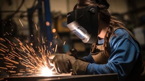 Femme soudeuse travaillant sur une pièce métallique