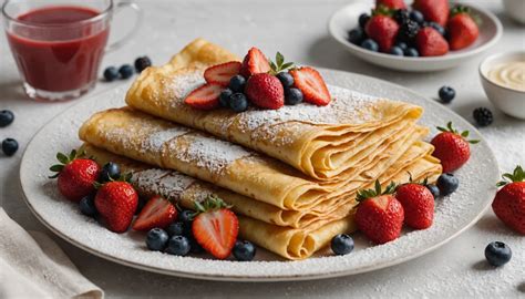 Image d'une pile de crêpes dorées et moelleuses sur une planche en bois avec un léger filet de jus de citron et une pincée de sucre
