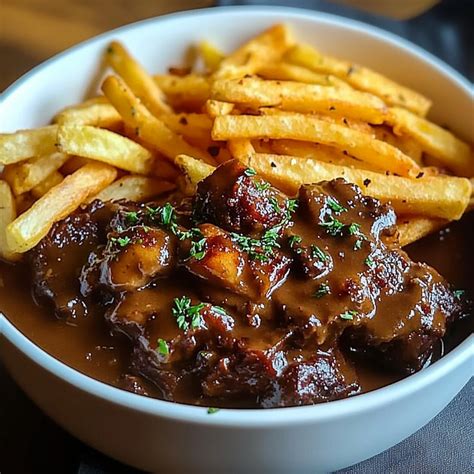 Un plat de carbonade flamande servi avec des frites