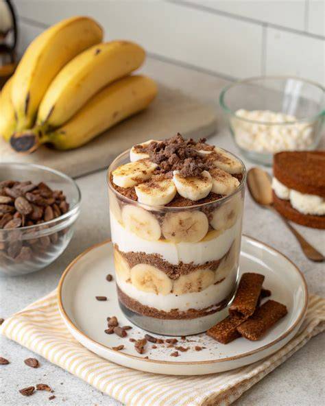 Images d'une verrine tiramisu-banane avec mascarpone et couches de biscuits et bananes