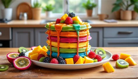 Gaufres arc-en-ciel colorées empilées avec des fruits frais
