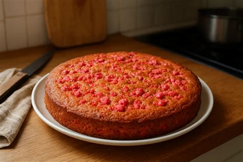 Gâteau aux framboises et pralines roses coupé en part, montrant la texture intérieure