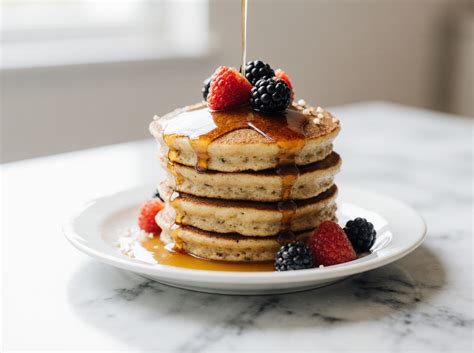 Image d'une pile de pancakes Aunt Jemima dorés et moelleux, nappés de sirop d'érable et ornés de fruits frais.