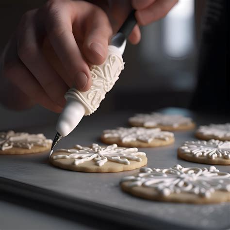 Poche à pâtisserie décorant des biscuits avec du glaçage blanc